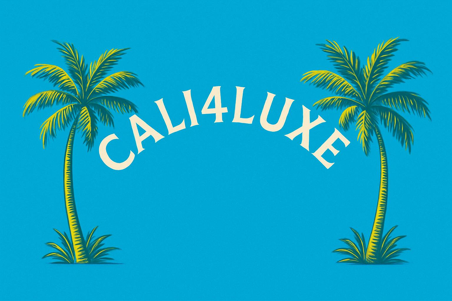 Bright blue background with two palm tree illustrations on either side. In the center, the text "CALI4LUXE" is displayed in a curved format. The overall design has a tropical and welcoming vibe, suggesting a connection to a California lifestyle or theme.