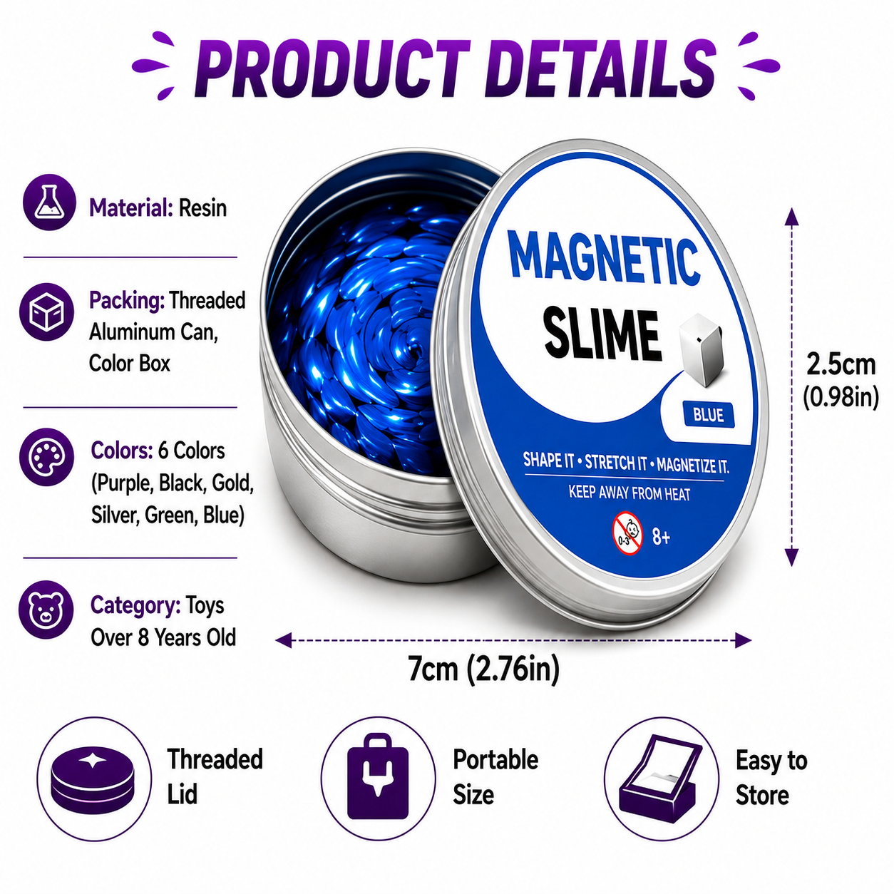 Magnetic Slime Fidget Toy – Stretchable Magnetic Putty Slime for Stress Relief, Sensory Play & Creative Fun, Non-Toxic Reusable Metallic Slime, 6 Colors, Ages 8+