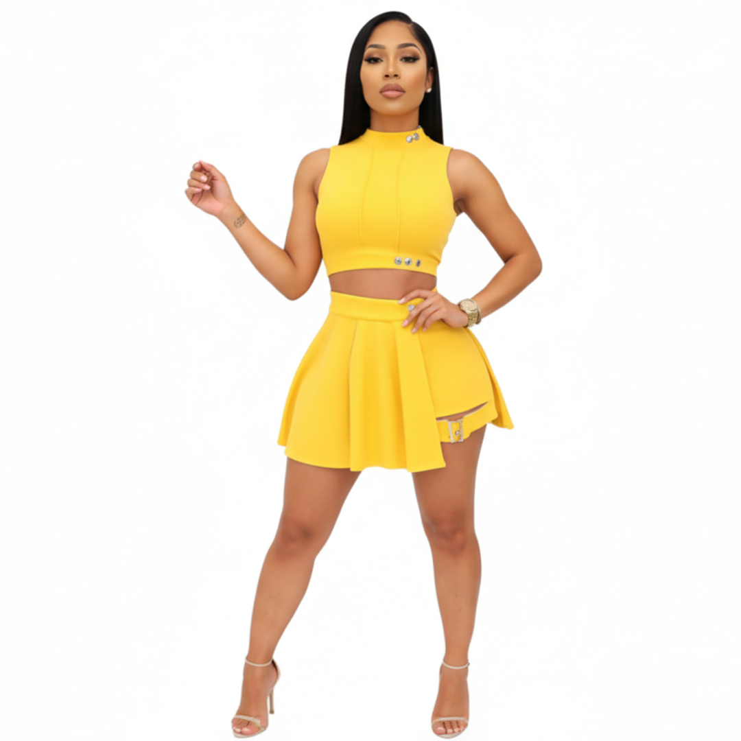 Cali4Luxe Women's 2 Piece Outfits Skirt Sets Summer Sleeveless Crop Top Pleated Short Mini Skirt
