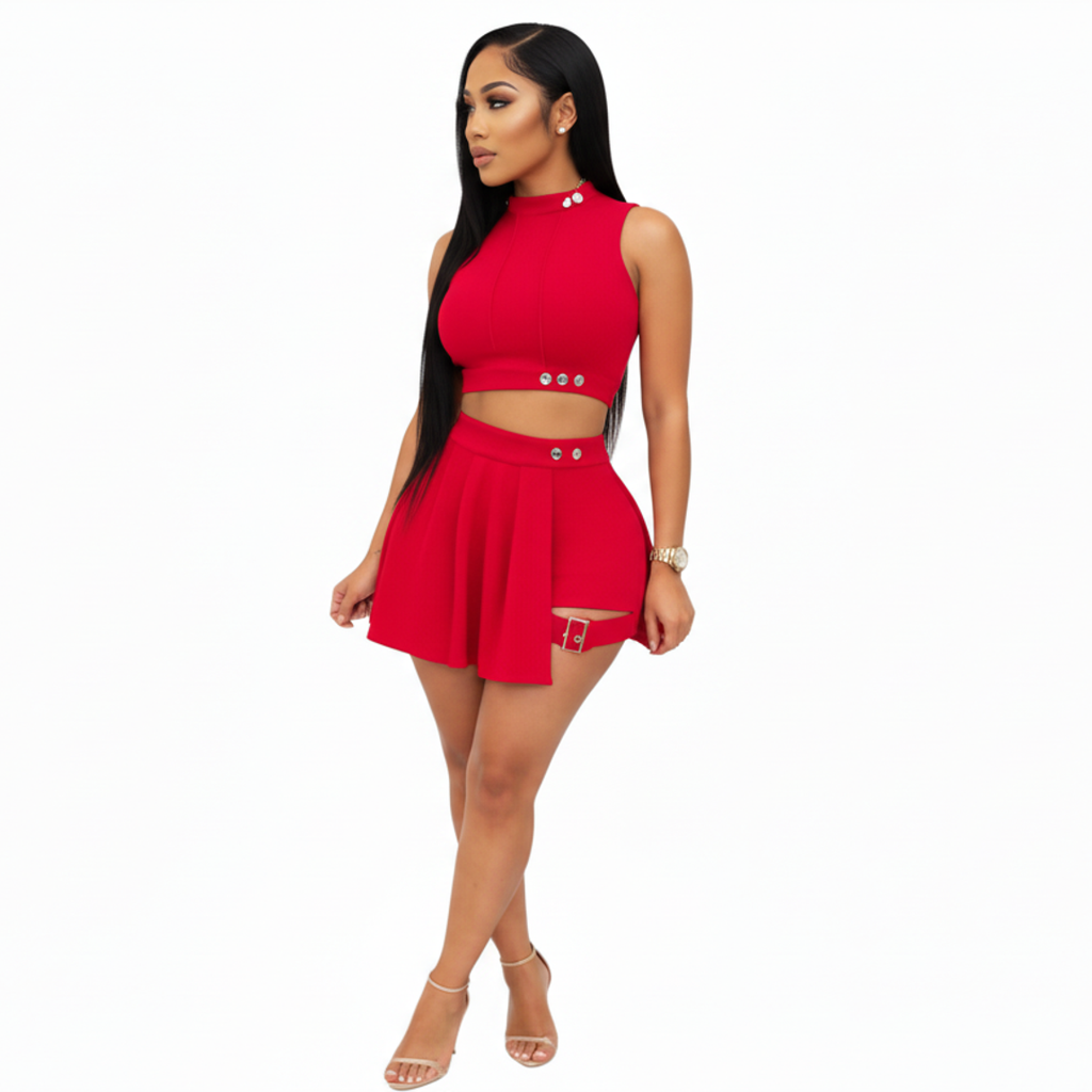 Cali4Luxe Women's 2 Piece Outfits Skirt Sets Summer Sleeveless Crop Top Pleated Short Mini Skirt