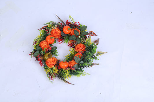 1Pc 17.71IN Autumn Wreath With Pumpkin Mixed Leaves Berries Flowers Fall Decoration For Indoor Outdoor Window Wall Front Door In Halloween Thanks Giving Day