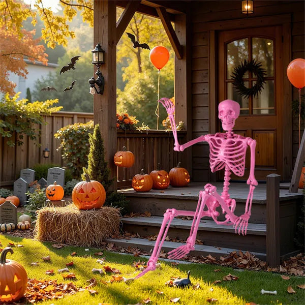 Halloween Pink Skeleton Decor - No Assembly Needed, Integrated Hanging Rope, Playful-Spooky Vibe For Parties Yards