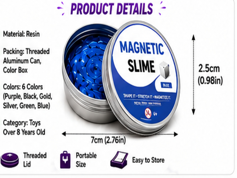 Magnetic Slime Fidget Toy – Stretchable Magnetic Putty Slime for Stress Relief, Sensory Play & Creative Fun, Non-Toxic Reusable Metallic Slime, 6 Colors, Ages 8+