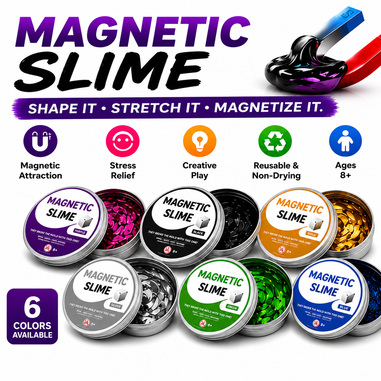 Magnetic Slime Fidget Toy – Stretchable Magnetic Putty Slime for Stress Relief, Sensory Play & Creative Fun, Non-Toxic Reusable Metallic Slime, 6 Colors, Ages 8+