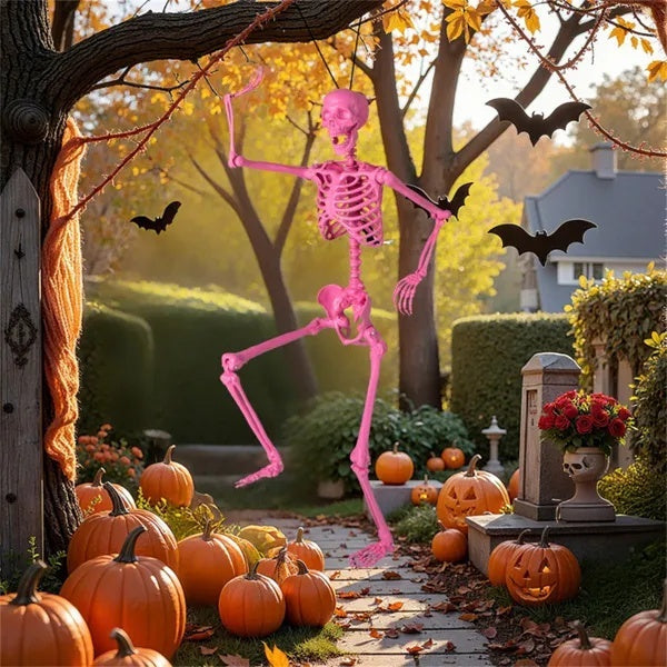 Halloween Pink Skeleton Decor - No Assembly Needed, Integrated Hanging Rope, Playful-Spooky Vibe For Parties Yards