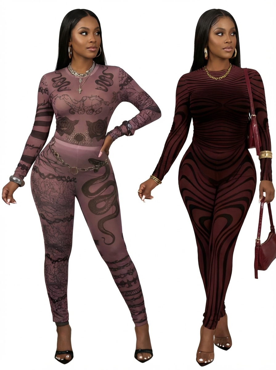Cali4Luxe Mesh 2 Piece Outfit for Women – Sheer Long Sleeve Top & Bodycon Leggings Set, Sexy Clubwear Festival Matching Set